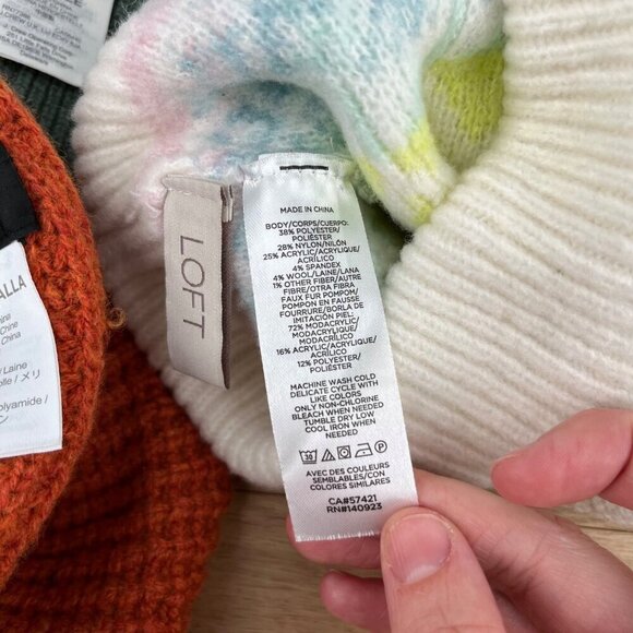 Madewell J Crew Loft Wool Blend Hat Beanie Lot of 3 Orange Green Cream Big Pom - Picture 10 of 13